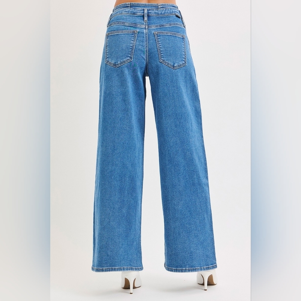 Risen MR Medium Wash Wide Leg Jeans Pleated Double Button Retro 80's Various NEW - Picture 10 of 15